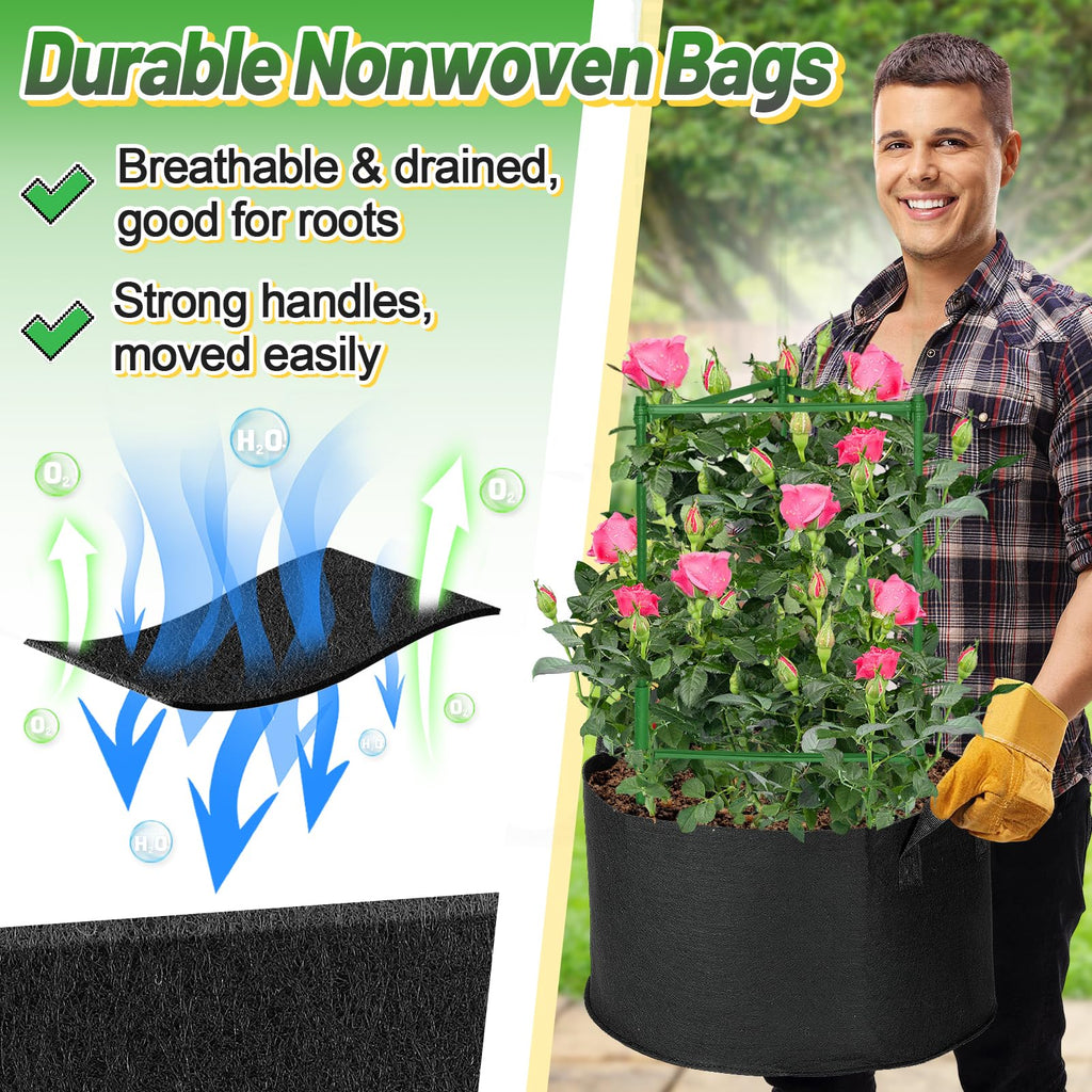 ANPHSIN Sturdy Triangle Tomato Cage with Movable 10 Gal Grow Bags, 3 Sets