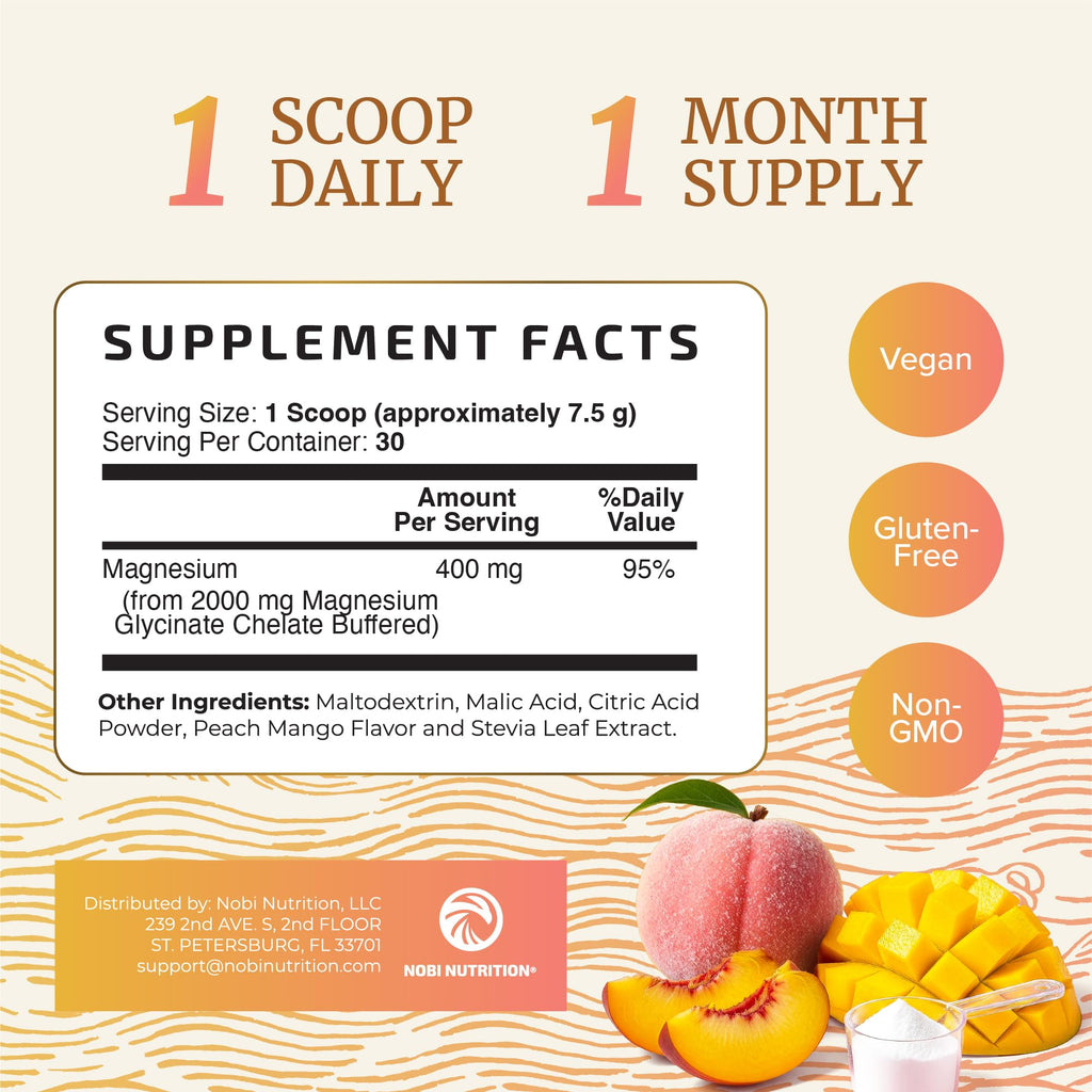 Magnesium Glycinate Powder 400MG | Sleep & Relaxation Support | Peach Mango Flavor, Sugar-Free | High Absorption Chelated Magnesium Powder | Vegan, Gluten-Free, Non-GMO | 30 Servings | 225g (7.94oz)