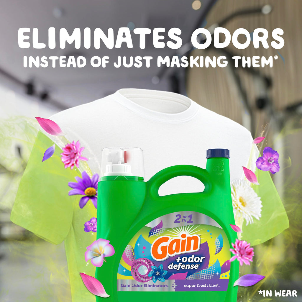 Gain + Odor Defense Liquid Laundry Detergent, Super Fresh Blast Scent, 184 fl oz, 128 Loads, HE Compatible