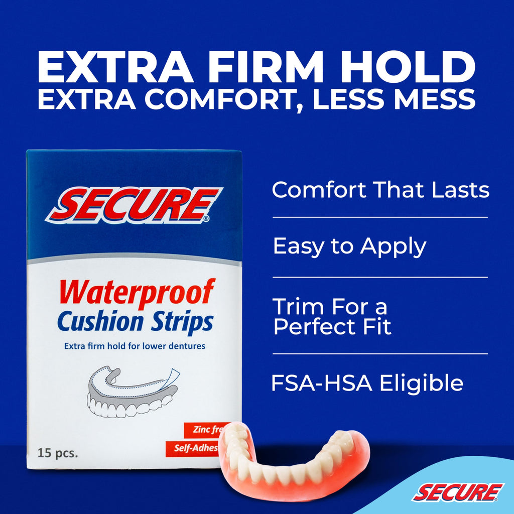 Secure Denture Adhesive Strips – Zinc Free – Waterproof – Comfortable Cushion Fit for Lowers – Extra Firm All-Day-Hold – No Mess – Clean Ingredients – 15 Strips (1 Pack)
