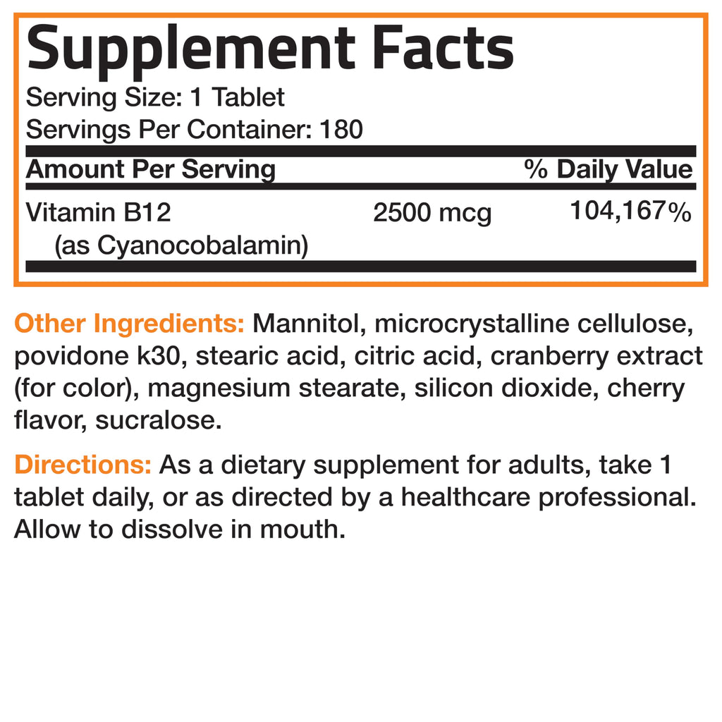 Vitamin B12 2500mcg Shot Of Energy Fast Dissolve Chewable Tablets - Quick Release Cherry Flavored Sublingual B12 Vitamin - Supports Nervous System, Healthy Brain Function Energy Production – 180 Count