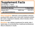 Vitamin B12 2500mcg Shot Of Energy Fast Dissolve Chewable Tablets - Quick Release Cherry Flavored Sublingual B12 Vitamin - Supports Nervous System, Healthy Brain Function Energy Production – 180 Count