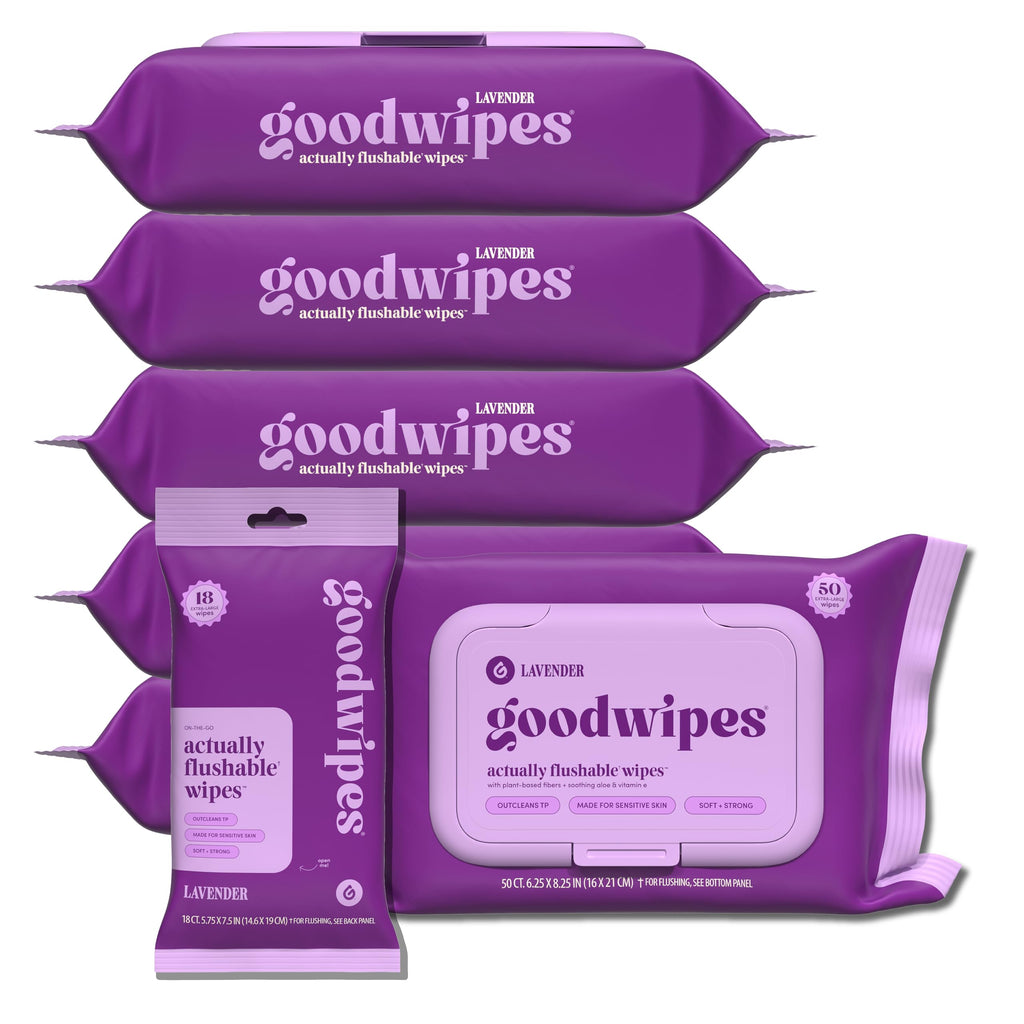 goodwipes Flushable Butt Wipes - Vitamin E & Aloe - Sewer & Septic Safe - Extra Large Adult Wet Wipes For Women & Men - Bathroom Essentials - Lavender, 318 Count (6 Packs + 1 Travel)