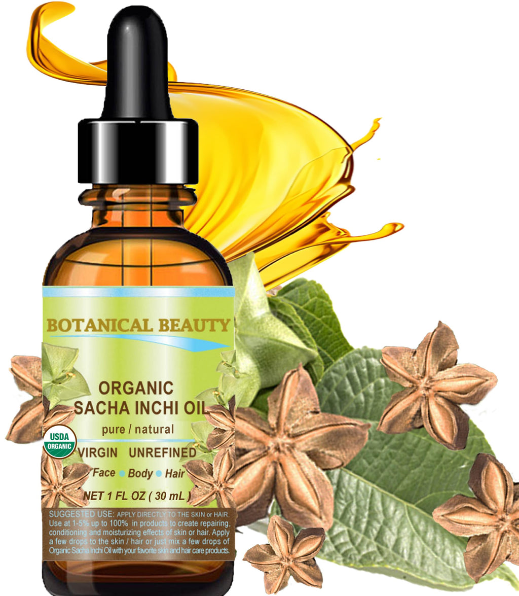 Botanical Beauty Organic SACHA INCHI OIL 100% Natural Pure Undiluted Virgin Unrefined Cold Pressed Carrier Certified Organic Oil For Face, Skin, Hair, Lip, Nails, Rich in Vitamin E (1 Fl Oz 30 ml)