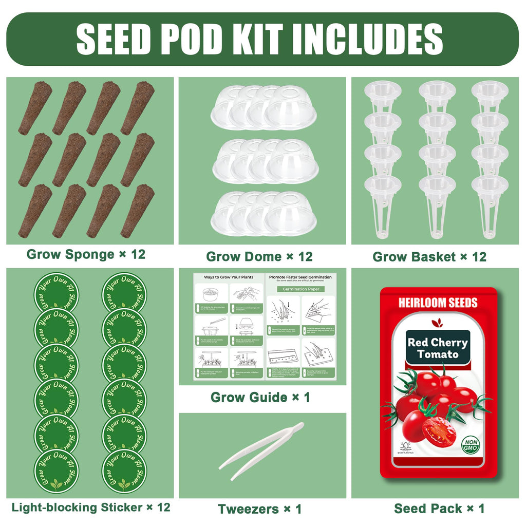 Cherry Tomato Seed Pods Kit for Hydroponics, 12 Pods Grow Anything Kit for Indoor Hydroponics Growing System, Hydroponics Supplies with 12 Grow Sponges, 12 Plant Baskets, 12 Pod Domes and Labels