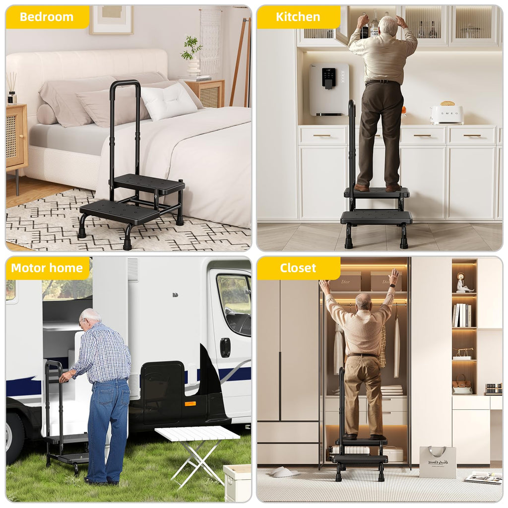 2 Step Stool with Handle for Elderly Adults and Seniors Heavy Duty Non Slip Bed Steps for High Beds with Adjustable Handrail 400 lbs Capacity for Kitchen Bathroom Bathtub