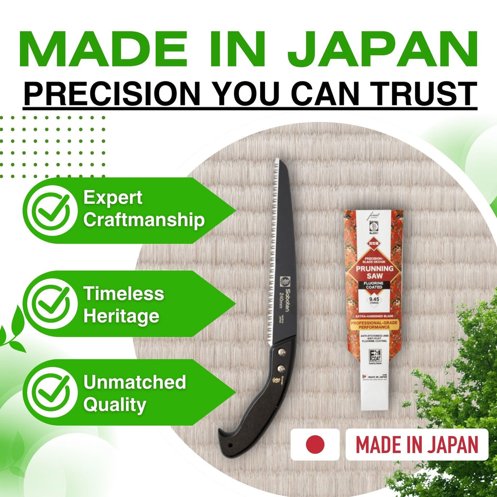 Saboten Japanese Pruning Saw 9.4 in (240mm) – Fluorine-Coated High-Carbon Steel Blade, 7.5mm Tooth Pitch, Smooth Pull Cuts, Wooden Handle, Wood Sheath Included, Made in Japan