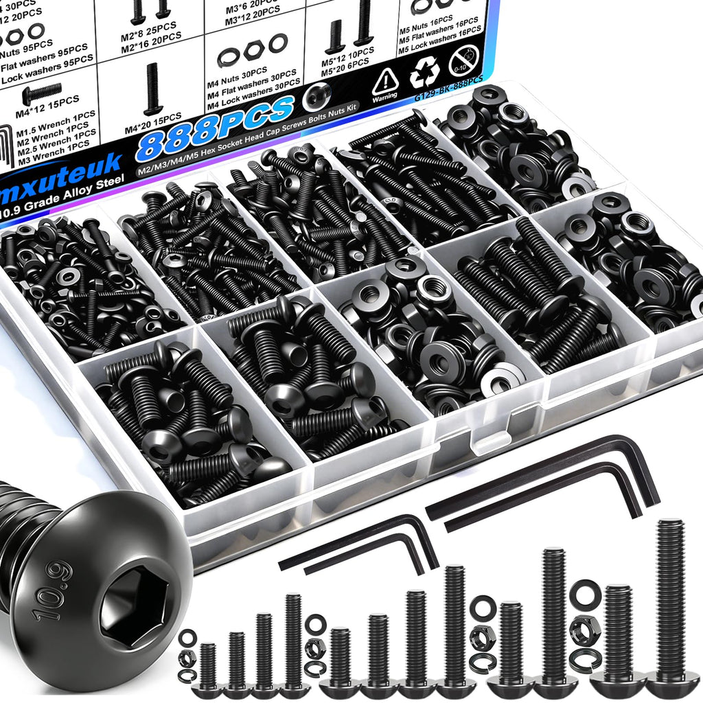 mxuteuk 888PCS Metric Screw Assortment Kit,M2 M3 M4 M5 Machine Screws,10.9 Grade Alloy Steel Metric Hex Button Head Cap Screws Nuts and Flat Washers Assortment Kit for 3D Printing