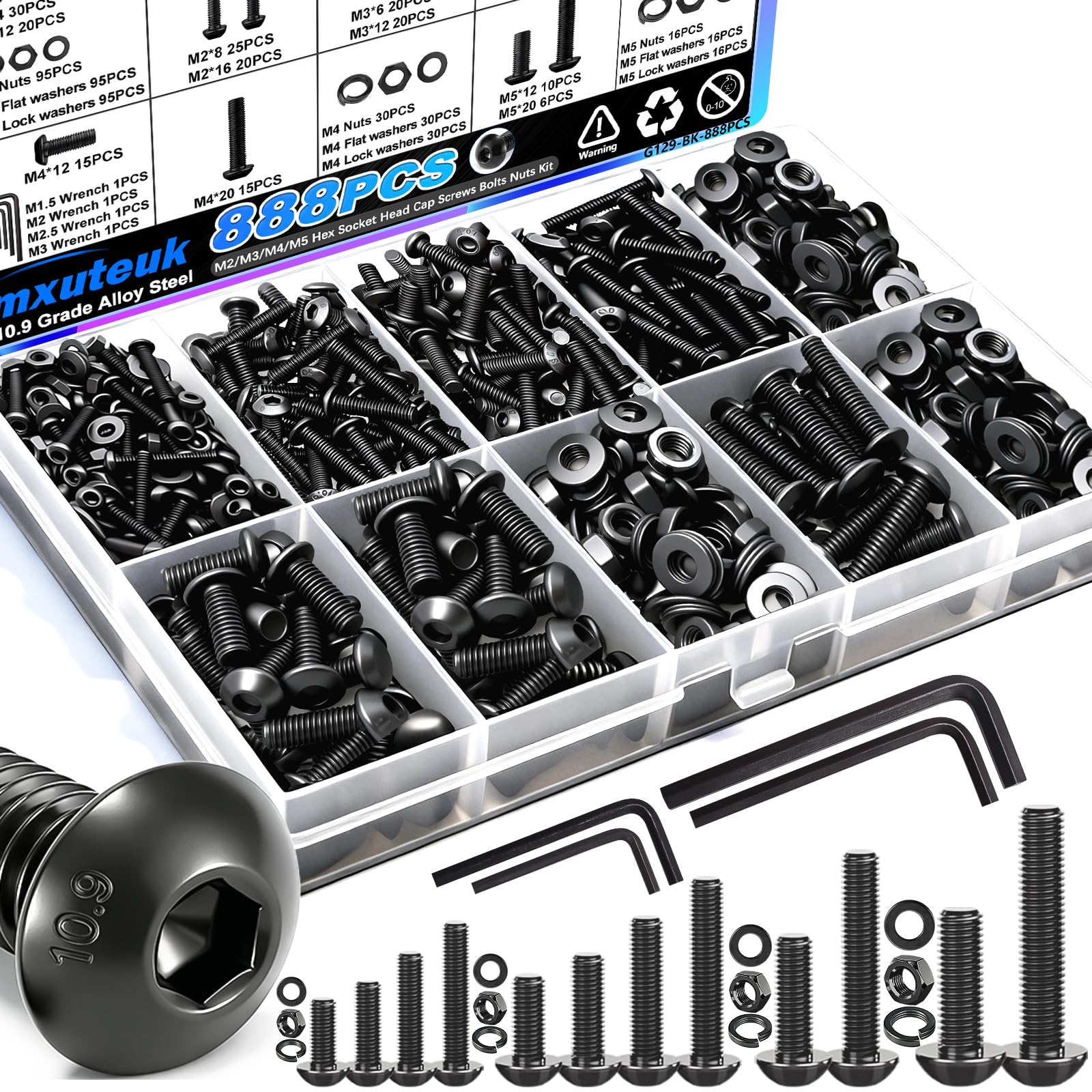 mxuteuk 888PCS Metric Screw Assortment Kit,M2 M3 M4 M5 Machine Screws,10.9 Grade Alloy Steel Metric Hex Button Head Cap Screws Nuts and Flat Washers Assortment Kit for 3D Printing