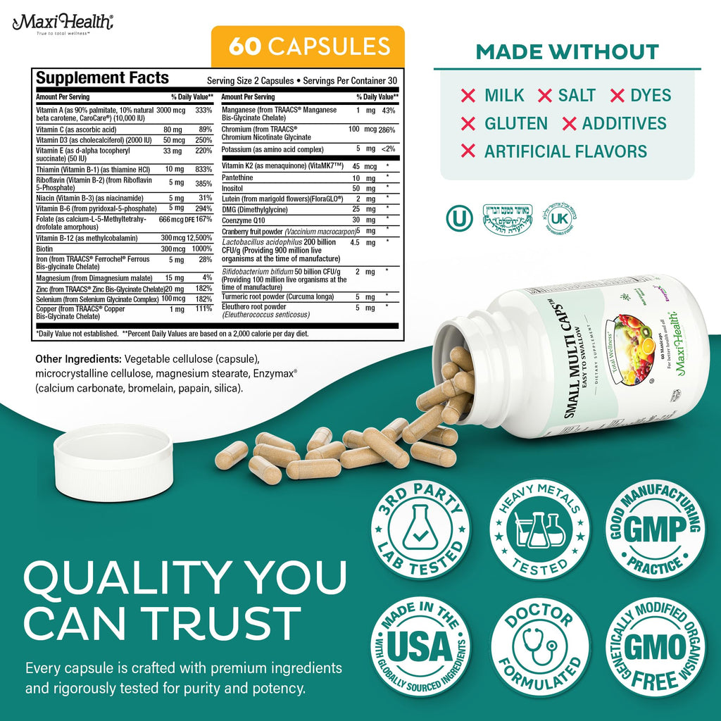 Maxi Health Multivitamin – Easy to Swallow Multi Vitamin Capsules with 30 Nutrients, Iron & Probiotics – Kosher Daily Multivitamins Small Capsules for Wellness Support & Digestive Ease (60 Units)