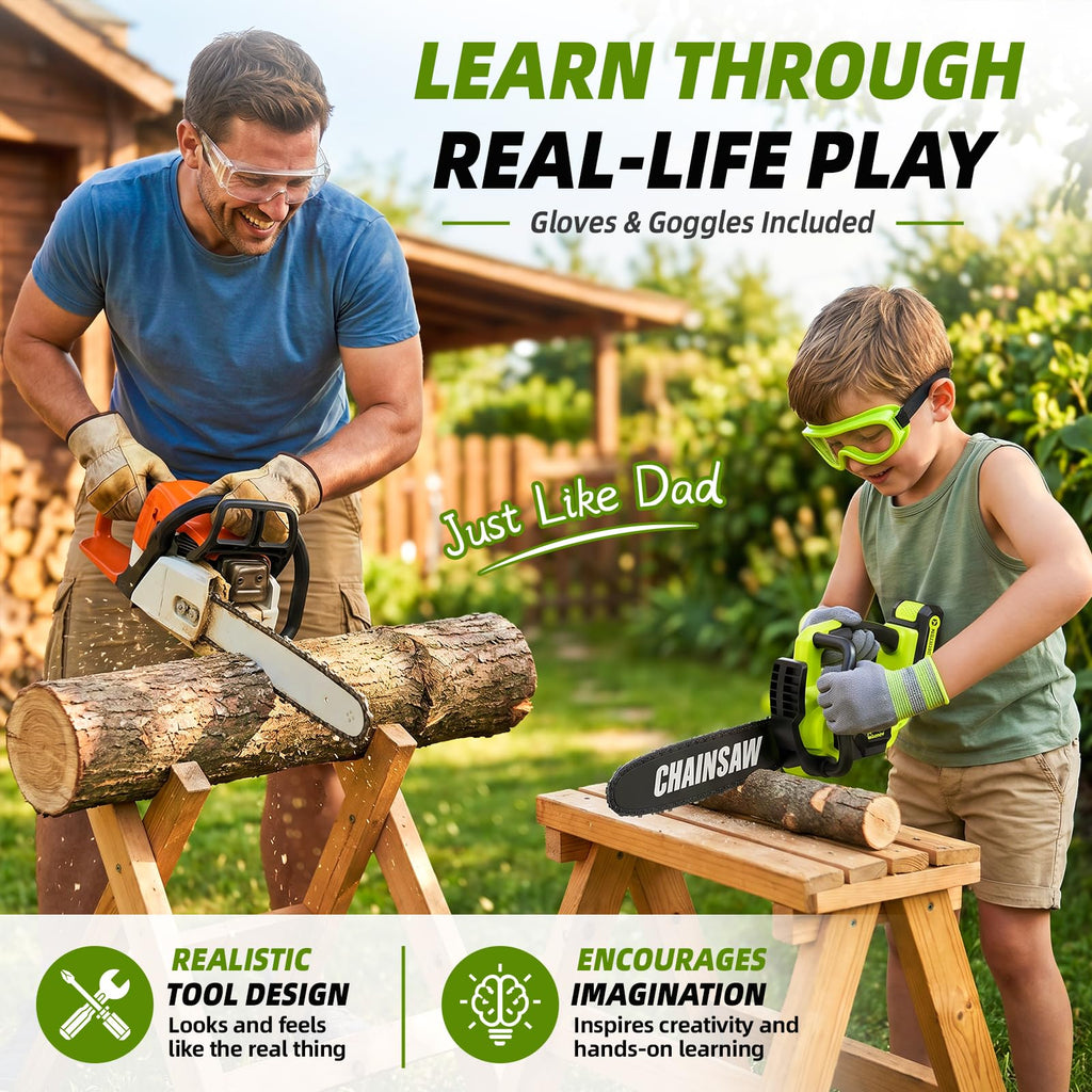 Pandapop Kids Gardening Tools Set, 2 in 1 Toy Chainsaw with Realistic Sound