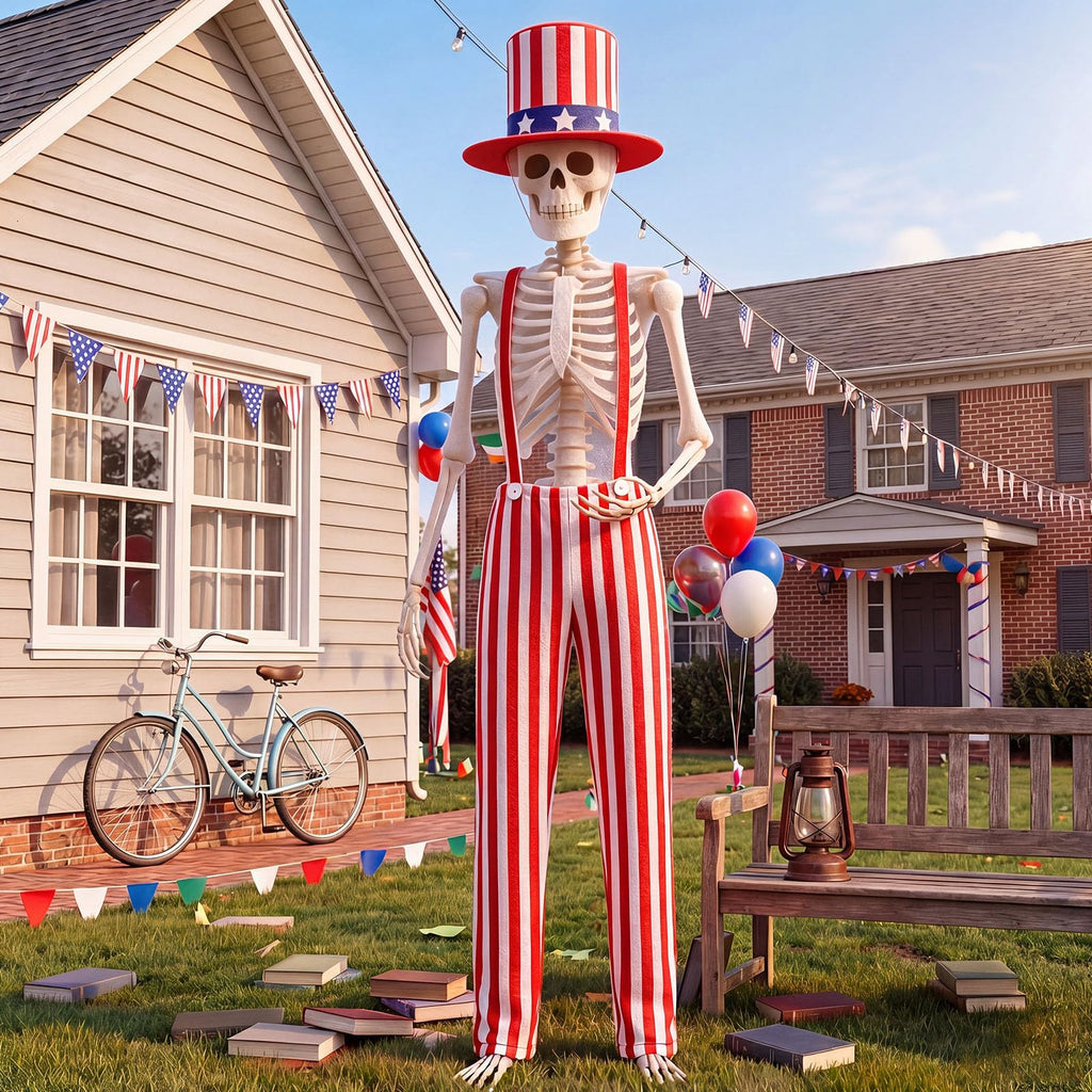 Funnysoft 4th of July 12ft Skeleton Outfits, Patriotic Giant Skeleton Costume with USA Star Pattern Hat, Independence Day White Red Striped Overalls for Garden Lawn Decor 250th Anniversary Celebration