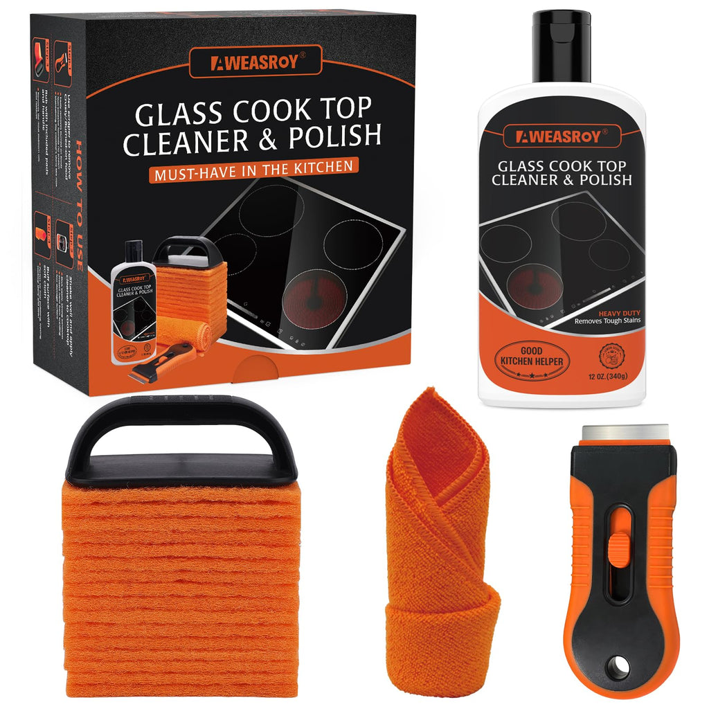 AWEASROY 20pcs Glass Stove Top Cleaner Kit - 12 oz Cooktop Cleaner Polish, Non-Abrasive No Scratch, Removes Tough Stains, Includes Scrubbing Pad, Scraper & Microfiber Cloth for Smooth Glass Surfaces