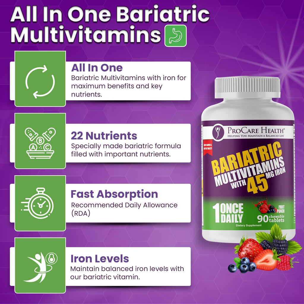 Procare Health Bariatric Multivitamin with Iron 45mg Chewable (90 Tablets) - Fruit Punch Flavor Bariatric Multivitamin Chewable Pills for Gastric Bypass & Sleeve Gastrectomy Patients (03 Month Supply)