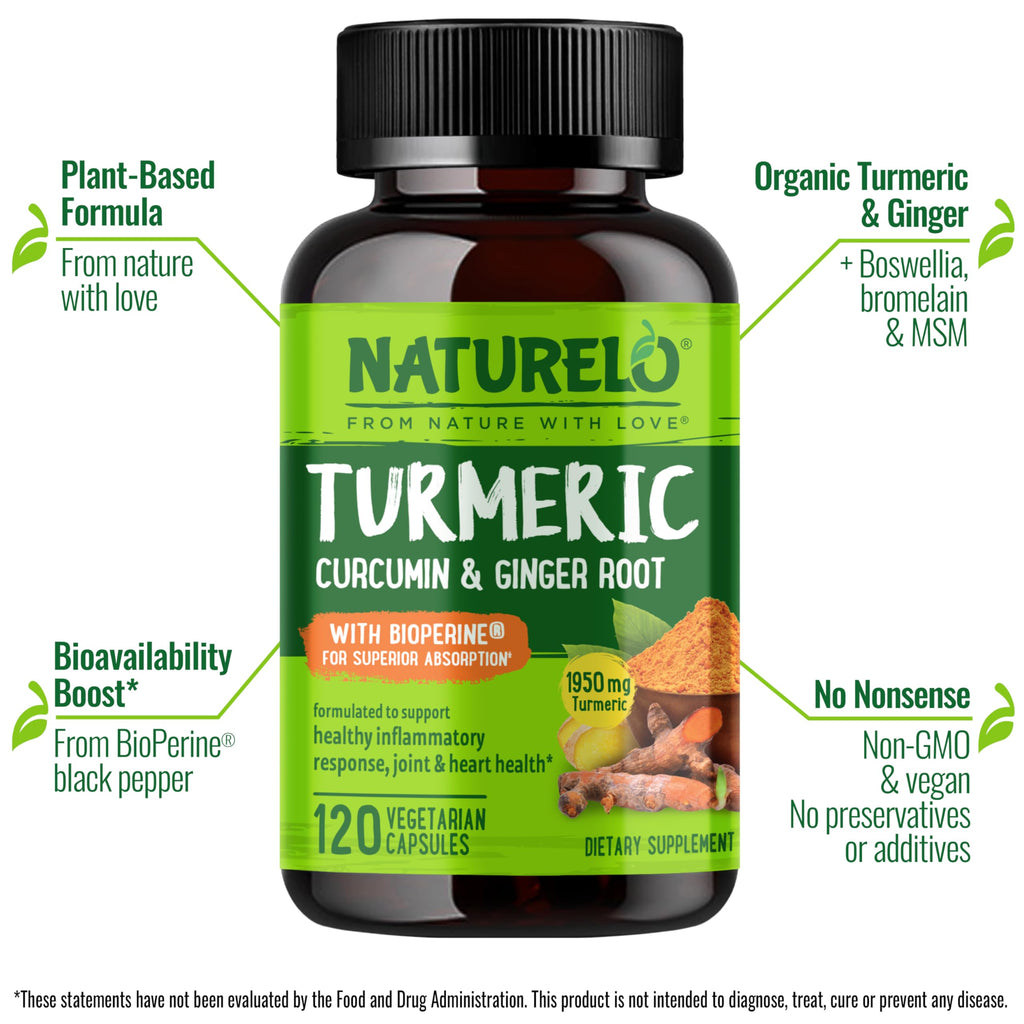 NATURELO Turmeric Curcumin - BioPerine for Better Absorption - Black Pepper, Ginger Root, Curcuminoids - Plant-Based Joint Discomfort Support - 120 Vegan Capsules (Pack of 2)