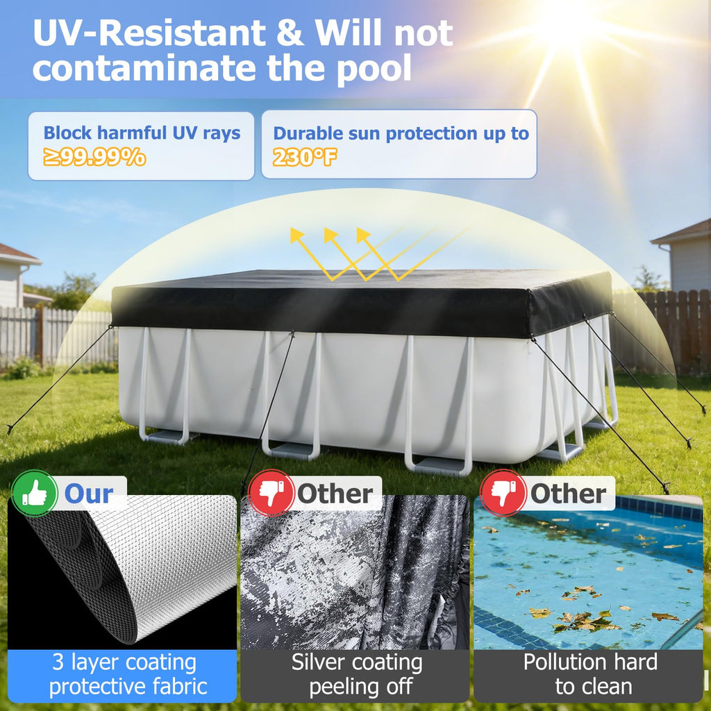 10x16 FT Rectangular Pool Cover, Solar Pool Cover for Above Ground Pool, Swimming Pool Cover Including Buckle, Drawstring and Ground Nails for Rectangular or Oval Pools