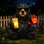 YHSOLAR Solar Black Bear Statue for Garden with Beer and Cardinals