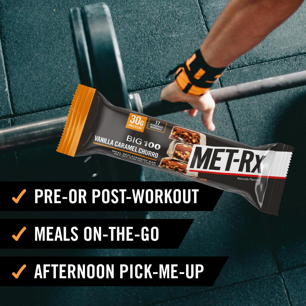 MET-Rx Big 100 Colossal Protein Bars,Vanilla Caramel Churro Meal Replacement Bars,Brown,9 Count (Pack of 4)