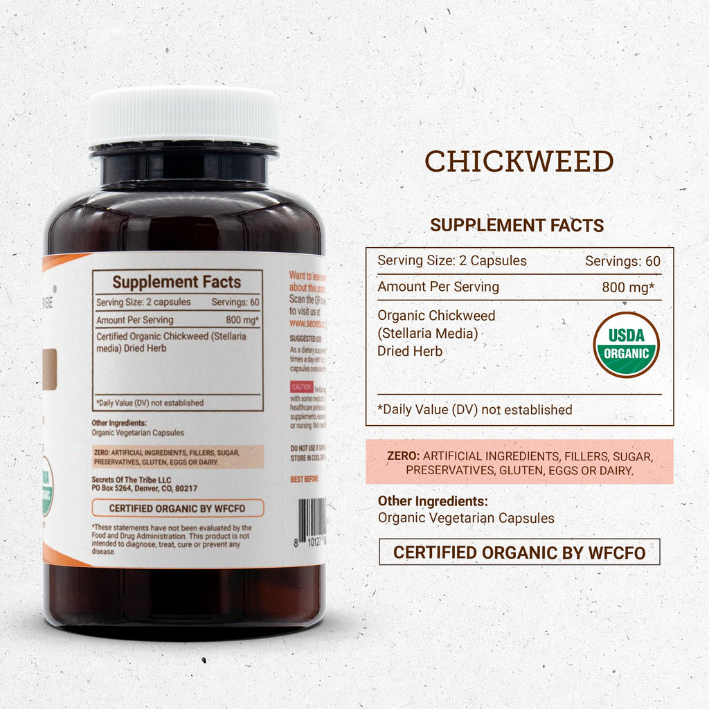 Secrets of the Tribe Chickweed USDA Organic Capsules | Certified Organic Vegetarian Capsules, Herbal Dietary Supplement | Stellaria Media Dried Herb (120 Count)