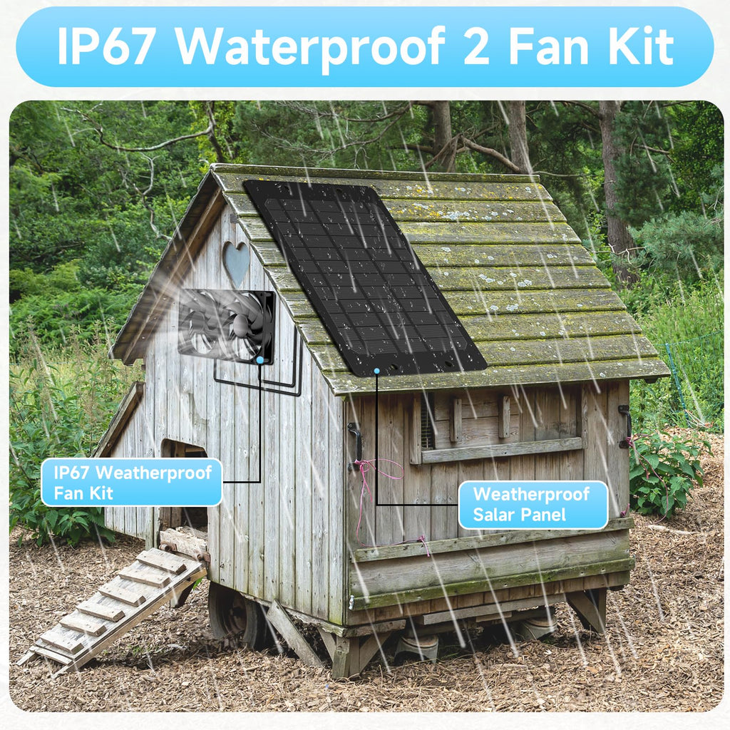 Solar Powered Fan for Outside, IP65 Waterproof Auto On/Off Solar Exhaust Fan Kit wtih 10 Ft Cable for Chicken Coop, Shed, Greenhouse, Pet House Ventilation Accessories
