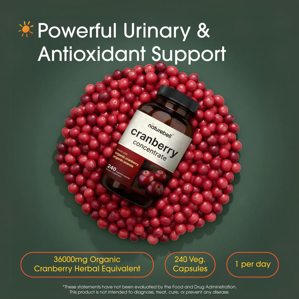 NatureBell Cranberry Concentrate - 240 Capsules - Organic Cranberry Concentrate with Acerola Cherry - Urinary Tract & Prostate Support* - Vegetarian