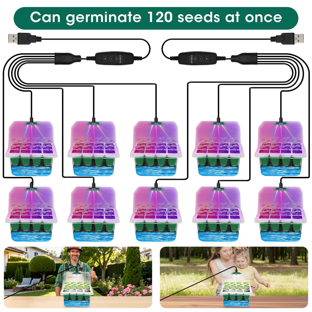 MQHUAYU 10-Pack Self Watering Seed Starter Tray with Grow Light 120Cell