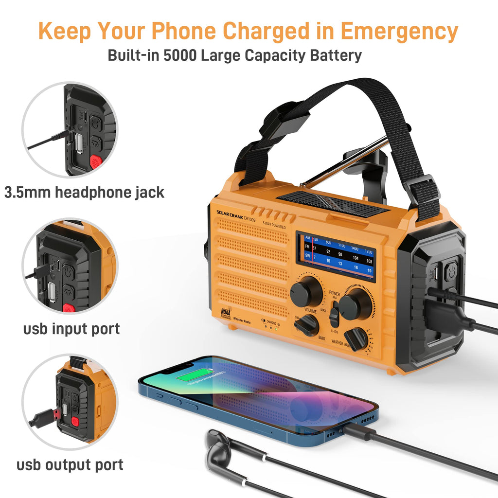 Emergency Radio with NOAA Weather Alert, Portable Solar Powered Hand Crank AM/FM Radio for Survival, Rechargeable Battery Powered Radio, USB Charger, Flashlight, Lee, for Home Outdoor