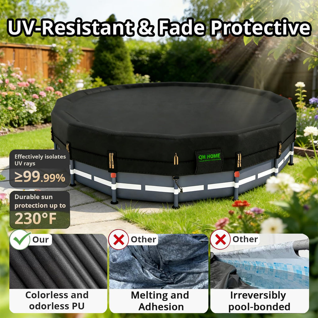 QH.HOME 550D 16ft Pool Cover Round[Upgraded Tear Resistant & Quadruple Windproof] wth Pre-Installed Patented Winch and Rope, Pool Covers for Above Ground Pools-Snug Fit & Waterproof Protection
