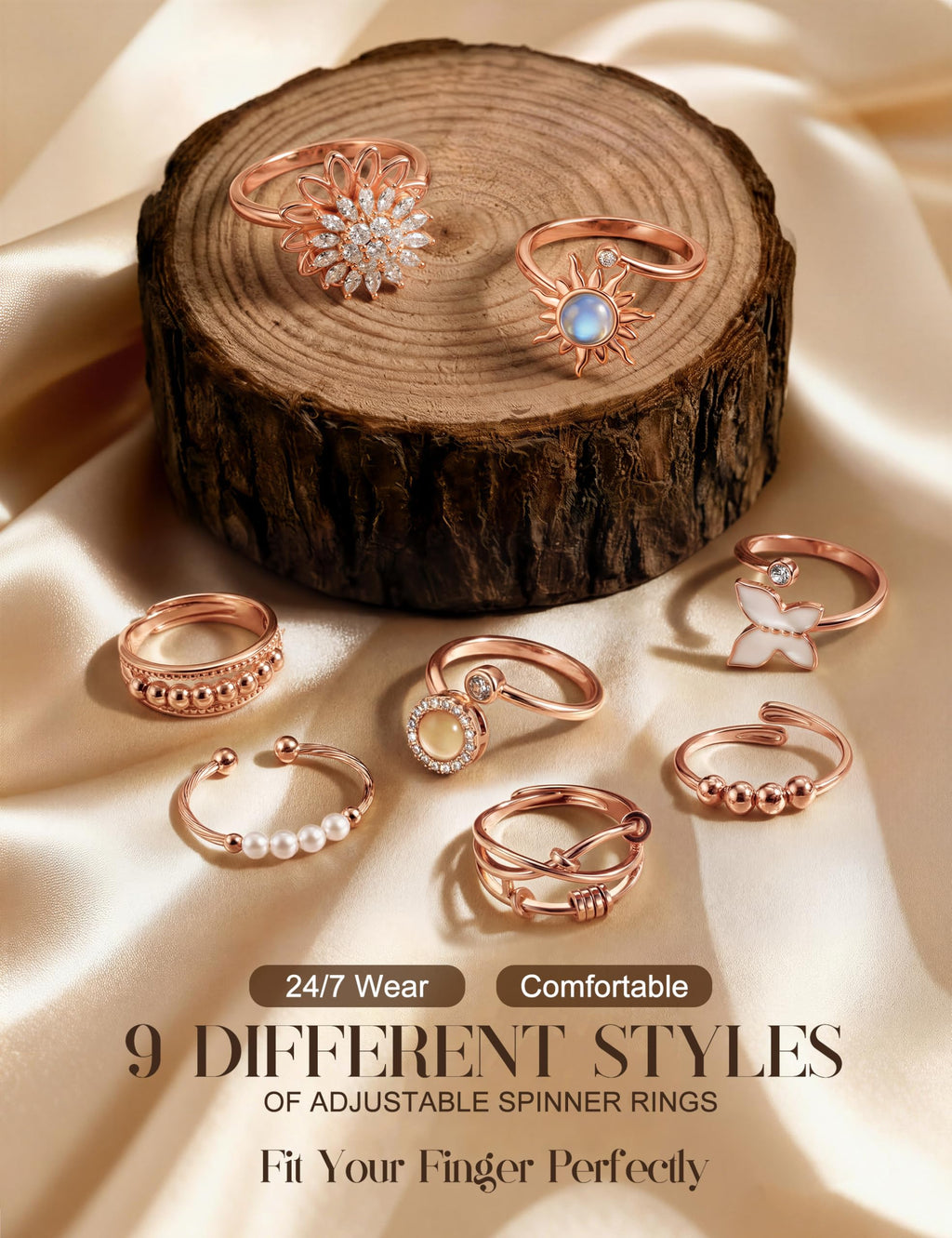 FIBO STEEL Fidget Anxiety Ring for Women Rose Gold Plated Spinner Rings