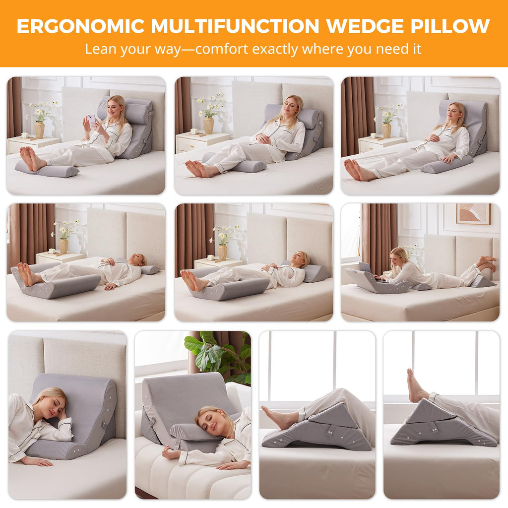Ruqmuis 4PCS Wedge Pillow Set for After Surgery, Adjustable Back Pillow for Bed Sitting up, Acid Reflux, Bed Wedge Pillow Headboard for Sleeping&Snoring, Orthopedic Pillow for Post Surgery, Plush Grey