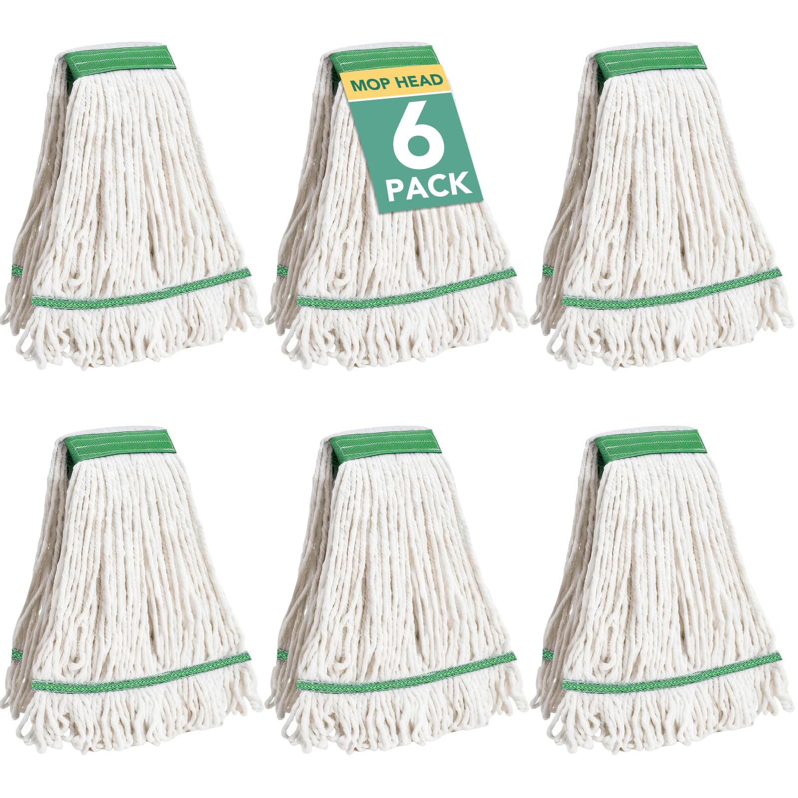 6 Pack Commercial Mop Head Replacement – Heavy Duty Mop Head for General and Floor Cleaning | Industrial Wet Mops | Washable Refill, Reusable, Looped End Mopheads | Hardwood, Concrete（White）