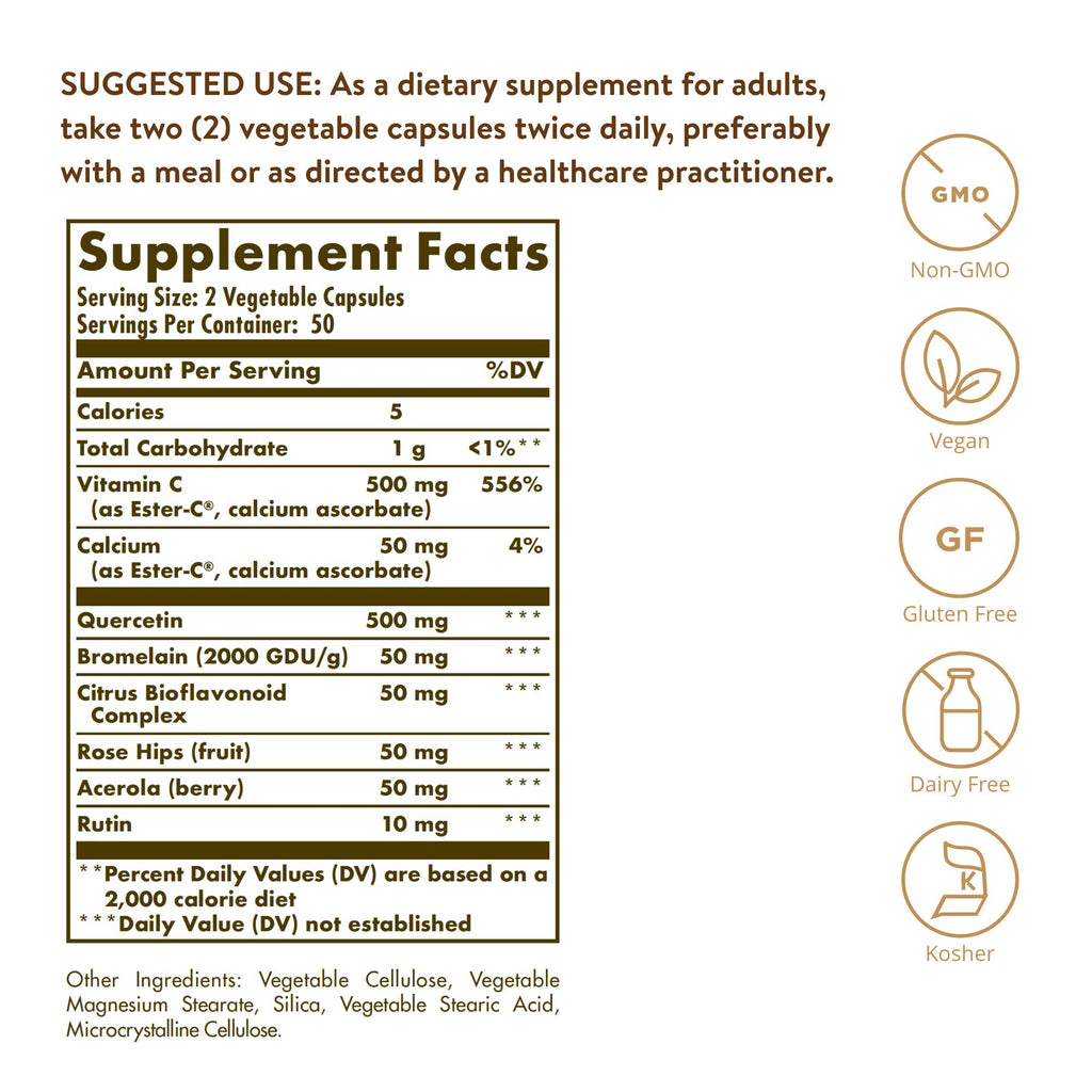 Solgar Quercetin Complex with Ester-C Plus, 100 Vegetable Capsules - Supports Immune Health, Antioxidant - Gentle on The Stomach Vitamin C - Non-GMO, Vegan, Gluten/Dairy Free - 50 Servings