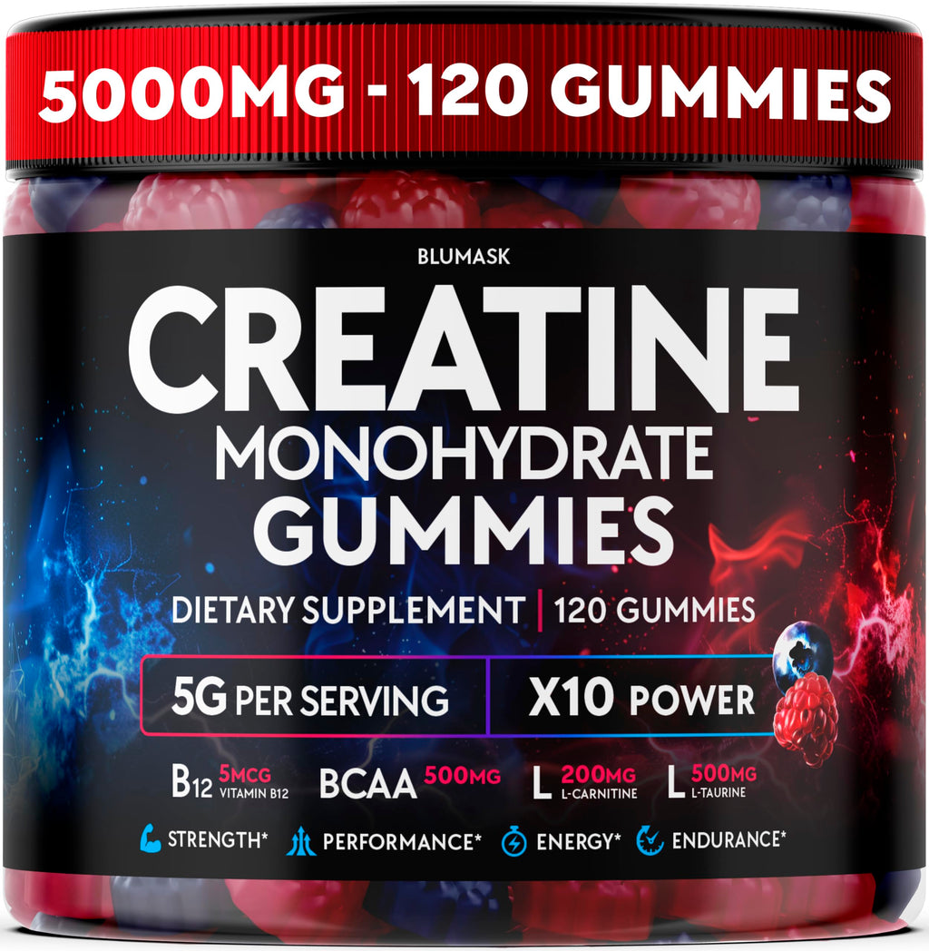Creatine Monohydrate Gummies Complex 5000 MG for Men & Women, Preworkout Gummy with BCAA, L-Carnitine, Taurine & Vitamin B12 for Muscle Growth, Strength & Energy Support , Flavored and Chewable
