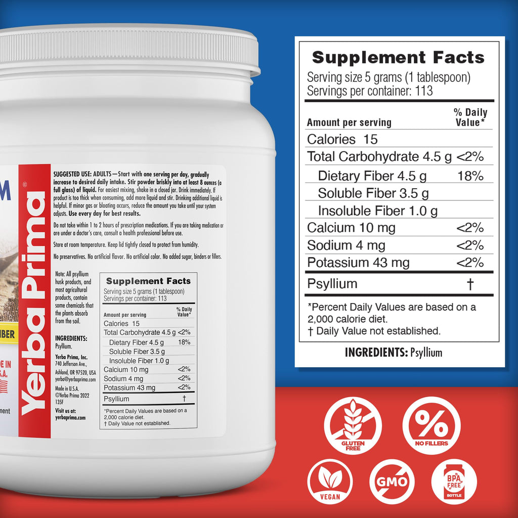 Yerba Prima Psyllium Whole Husks Fiber Supplement - Colon Cleanse - Gut Health - Vegan Non-GMO Gluten Free - 20oz