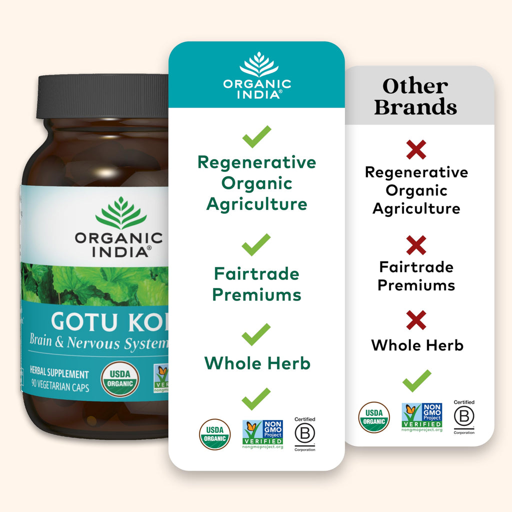 ORGANIC INDIA Gotu Kola Herbal Supplement - Adaptogen for Brain & Nervous System Support, Vegan, Gluten-Free, Kosher, USDA Certified Organic, Non-GMO, Calming, Mental Clarity - 90 Capsules