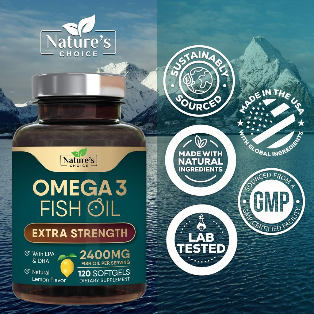 Omega 3 Fish Oil Supplements - 2400mg Fish Oil Per Serving - Triple Strength Omega-3 with Fatty Acids EPA & DHA - Natural Heart, Brain & Immune Support - Wild Caught, Bottled in USA - 120 Softgels