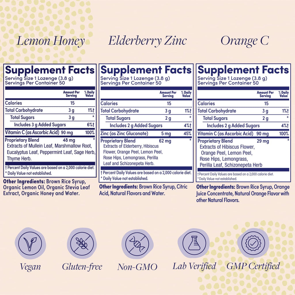 ZAND Immunity Variety 3 Pack - Lemon Honey, Elderberry Zinc and Orange C Throat Lozenges - Good-for-You Dry Mouth Lozenges - Immune Support Supplement - Natural Flavor, Vegan, Gluten Free, 50ct ea