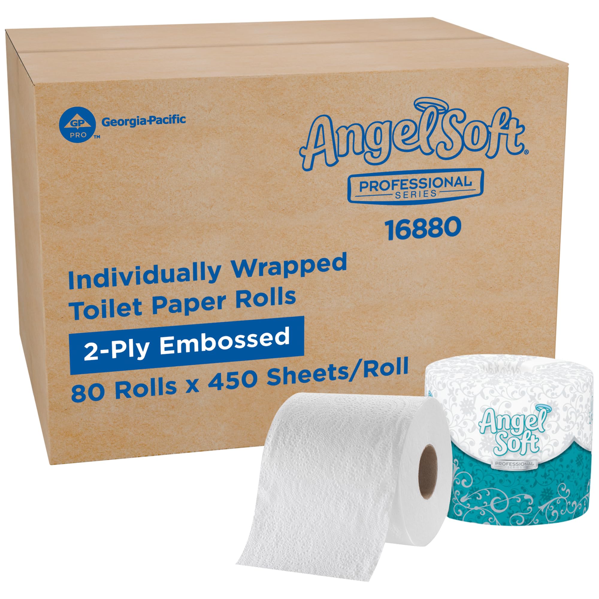 Angel Soft Professional Series by Georgia-Pacific PRO 2-Ply Embossed Toilet Paper, White, Individually Wrapped, 450 Sheets Per Roll, 80 Toilet Tissue Rolls Per Case, 16880