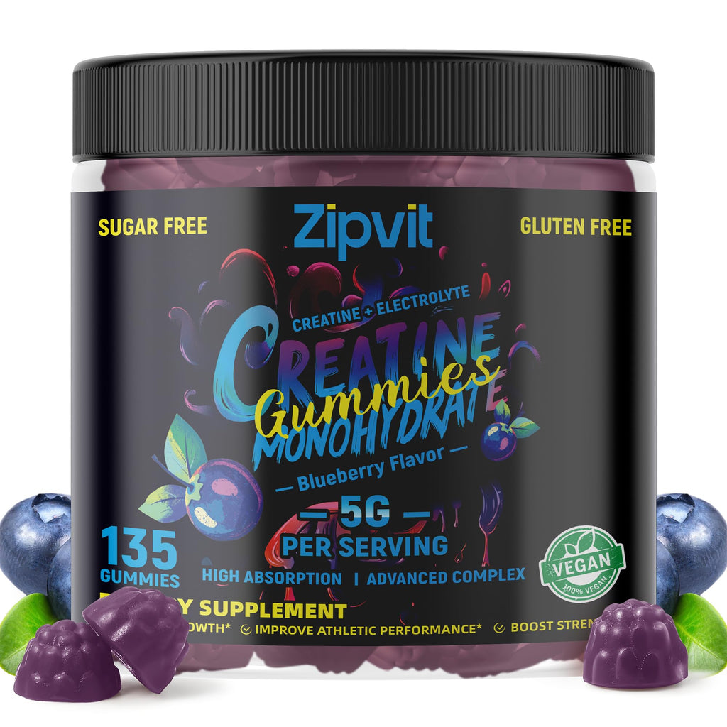 zipvit Creatine Monohydrate Gummies (5g) – Pre-Workout Energy & Muscle Growth Support for Men & Women | Blueberry Electrolyte Gummies (135 Count)