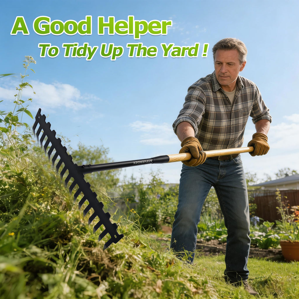 Garden Rake, 60" Wooden Handle with 17-Tine Metal Bow Rake, Secure Fit