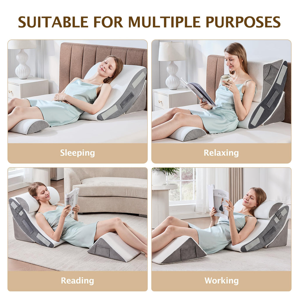 Bed Wedge Pillow, 4PC Adjustable Memory Foam Triangle Wedge Pillow Set For After Surgery, Pillow Wedge For Sleep Apnea, Back Pain Relief, Acid Reflux Relief, Orthopedic Pillow Wedge For Sleeping, Grey