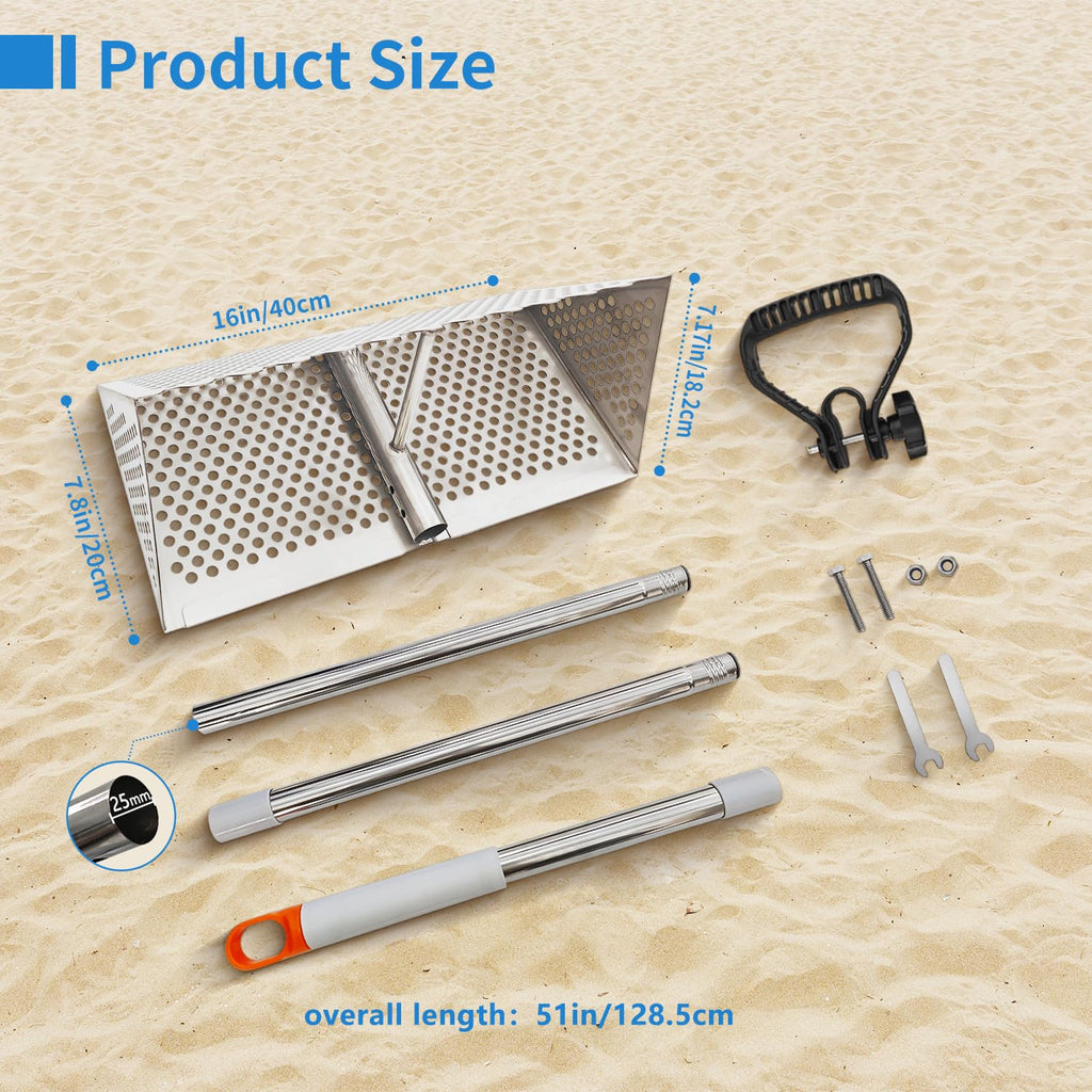 LTSEAME Sand Flea Rake, Detachable Long Handle Sand Sifter for The Beach, The Shark Tooth Screen Comes with a 16in Wide Drain Screen