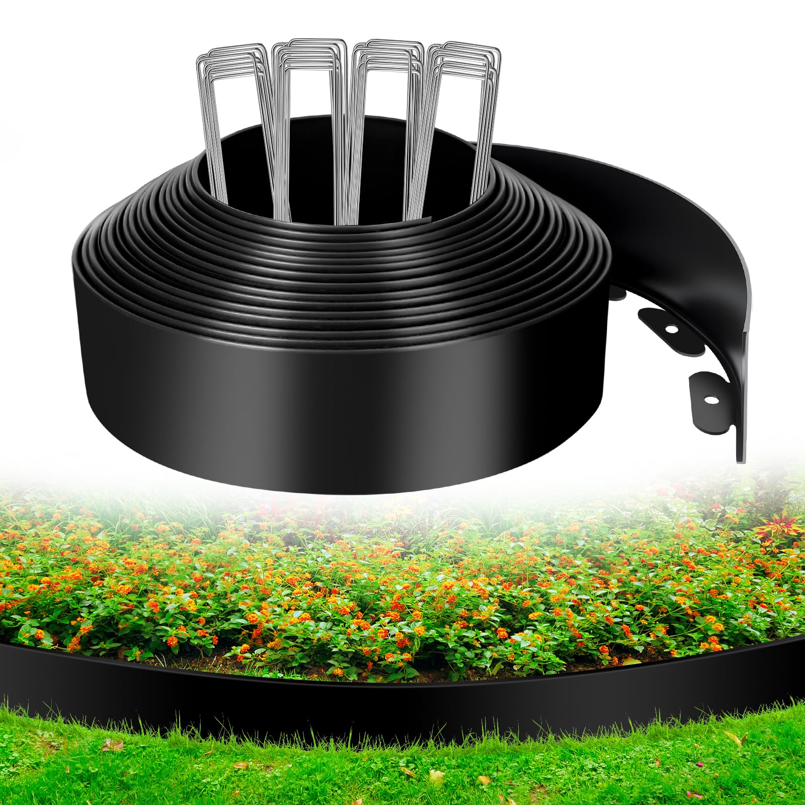 Kafuzi 4IN x 33FT Landscape Edging, Garden Edging Borders with 40pcs Metal Stakes, Flexible Plastic Garden Border for Lawn, Landscaping, Flower Beds, Trees and Yard