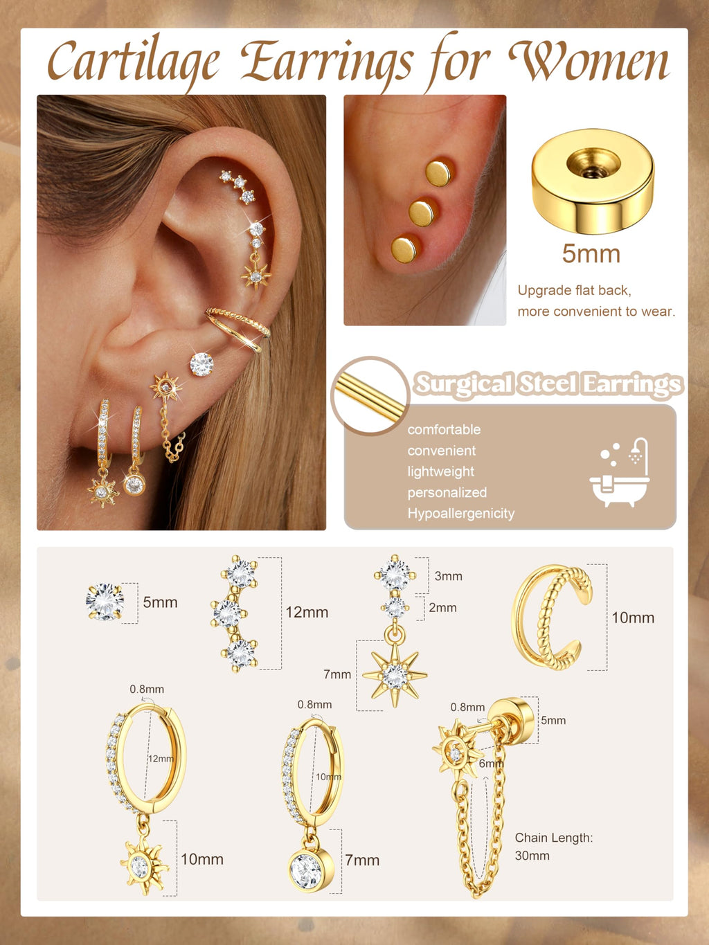 Flat Back Cartilage Earrings for Women Trendy Dainty CZ Flatback Studs