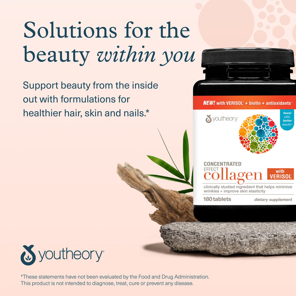 Youtheory Concentrated Effect Collagen with Verisol - Collagen Peptides with Vitamins C & B - Supports Hair, Nails, Bones & Joints* - 180 Tablets (60-Day Supply)