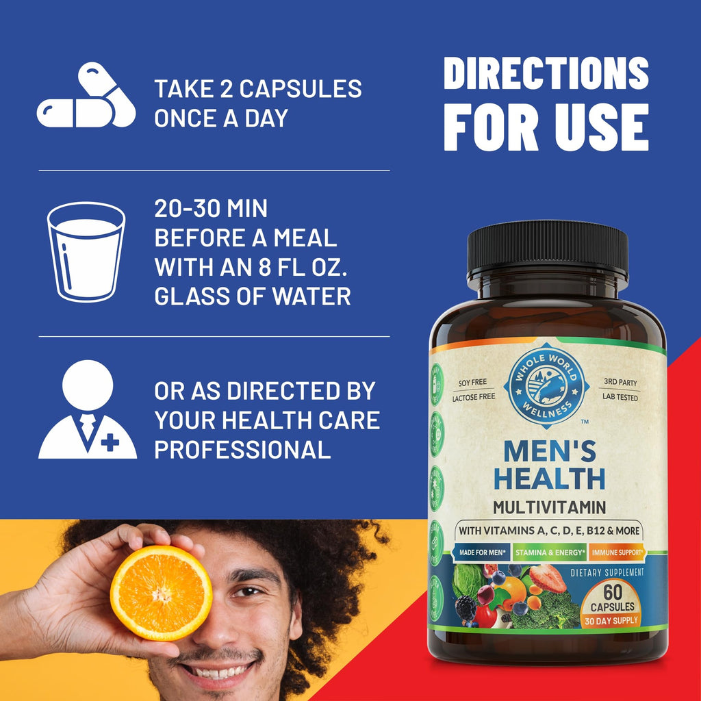 Whole World Wellness Mens Daily Multivitamin Multimineral Supplement for Energy, Focus, Stamina & Performance. Made for Men with 30+ Nutrients, Fruit & Energy Blend. Mens Vitamins, Made in The USA.