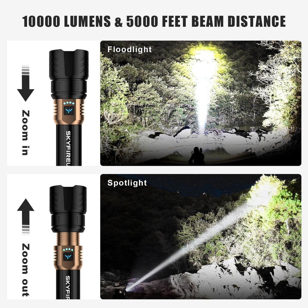 SKYFIRE Rechargeable Flashlights High Lumens,10000mAh Super Bright Flashlight Zoomable 4Modes Waterproof LED Tactical Flash Light for Camping Essentials,Outdoor and Home Emergencies