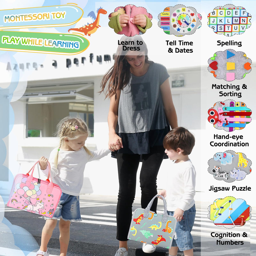 Esjay Toddler Busy Board Montessori Toys for Boys Girls, Sensory Board Educational Activities for Learning Fine Motor Skills, Birthday Gifts for Toddlers, Travel Toys for Airplane Car,Grey Dinosaur