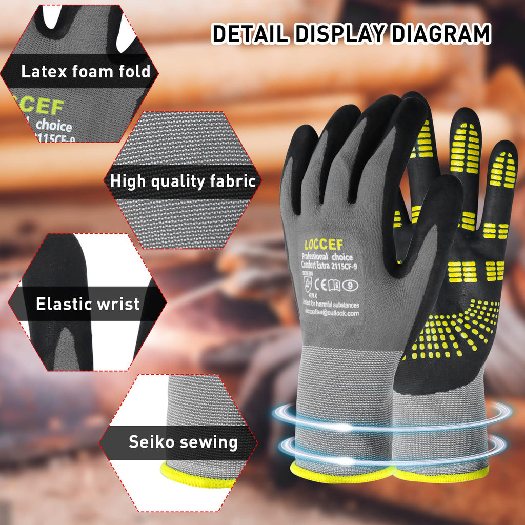 LOCCEF Endurance Knit Work Gloves MicroFoam Nitrile Coated-6 Pairs,Tacky Dot Grip, Multi Purpose,Micro-Foam Gloves(8-M)