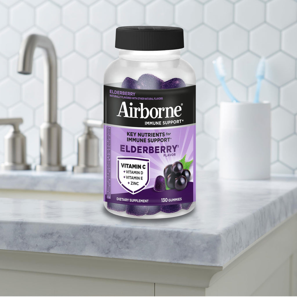 Airborne Elderberry + Zinc & Vitamin C Gummies for Adults, Immune Support with Antioxidants Vitamins C, D & E, 130 Count, Elderberry Flavor